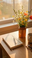Cozy workspace with wildflowers in a clay vase, open notebook, pen, glasses, and mug on a wooden desk in warm sunlight.
