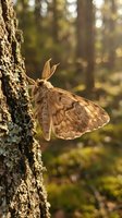 Brown moth with feathered antennae resting on textured tree bark in golden sunlight with blurred forest background creating warm natural wildlife scene.