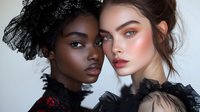Two fashion models with contrasting skin tones wearing black lace accessories showcase dramatic makeup with glowing skin, bold lips and artistic beauty looks against light background.
