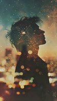 Dreamy silhouette of woman against starry night sky with glowing bokeh lights and magical sparkles creating ethereal double exposure effect for spiritual concepts.