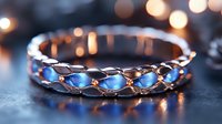 Elegant rose gold bracelet with blue sapphire stones in delicate woven pattern, captured with soft bokeh lighting effect on dark background. Luxury jewelry macro photography.