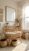 Boho nursery interior with rattan crib, woven baskets, macrame wall hanging and natural sunlight streaming through window creating warm atmosphere.