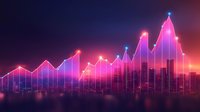 Glowing pink and purple financial chart graph over night city skyline silhouette with neon lighting effects showing market growth trends and analysis.