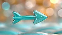 Glossy turquoise arrow floating against blurred bokeh background in warm golden and aqua tones, modern minimalist design element for business concepts.