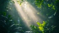 Sunbeams penetrating through dense tropical forest canopy, creating mystical light rays among lush green foliage in misty jungle atmosphere.