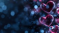 Glowing pink heart shapes floating on dark blue bokeh background with sparkles and magical light effects, romantic Valentine's day concept for greeting cards.