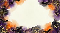Halloween frame with spooky pumpkins, bats, spider webs and ghosts on watercolor background. Copy space for seasonal party invitations and decorations.