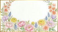 Watercolor floral border frame with peonies, ranunculus, and muscari in pastel pink, yellow, and purple tones, with gold accents and copy space.