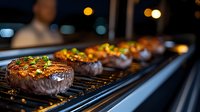Juicy beef steaks grilling on electric grill with herbs and spices. Meat cooking with golden crust and fresh garnish in dark atmospheric lighting.