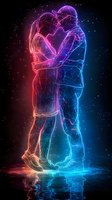 Glowing neon silhouettes of loving couple embracing in starry space, gradient from pink to blue colors with geometric line art style and reflection effect.