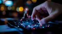 Finger touching digital stock market chart on tablet screen with glowing candlestick pattern and bokeh lights in dark background, financial trading concept.
