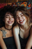 Two diverse young women with bright genuine smiles share a joyful moment together, showcasing natural beauty, friendship and authentic emotions in warm lighting.