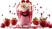 Playful strawberry milkshake character with happy face, whipped cream topping, fresh berries and red syrup drips on white background. For food marketing.