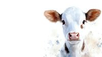 Young white calf with brown ears and pink nose on light background, watercolor style artwork showing sweet expression and gentle eyes, farm animal portrait.