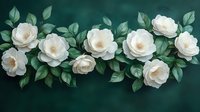 White garden roses with green leaves arranged in horizontal composition on dark emerald background. Romantic floral border design for wedding stationery and celebrations.