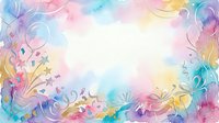 Colorful watercolor frame with decorative floral swirls and musical notes in pastel rainbow hues creating elegant border for creative projects.