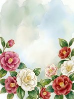 Watercolor camellia flowers in pink, red and white with green leaves on soft blue background, elegant floral frame for cards and invitations.