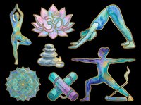 Yoga poses and meditation symbols with colorful gradient watercolor effect, isolated on transparent background. Ready for t-shirt design, stickers, clipart, sublimation, and print-on-demand products.