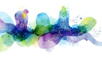 Abstract watercolor splash with innovation icons lightbulb rocket DNA molecule gears representing creativity technology science business growth on white background.