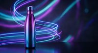 Metallic water bottle with gradient purple blue finish surrounded by glowing neon light trails on dark background for modern lifestyle branding.