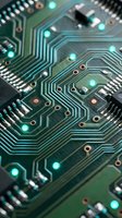 Close-up of illuminated circuit board with glowing cyan lights, intricate copper pathways, and electronic components. Ideal for technology, innovation, and digital transformation concepts.