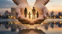 Protective hands holding family silhouettes at sunset over city skyline. Insurance, care, security and protection concept for loved ones.