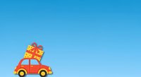 Cartoon red car carrying oversized yellow gift box with red ribbon against clear blue sky background, suitable for holiday promotions and greeting cards.