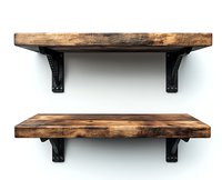 Rustic wooden wall shelves with metal brackets on white background, featuring distressed wood planks and industrial style mounting supports.