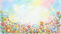 Watercolor nursery scene with teddy bear, bunny, elephant, colorful blocks, flowers, clouds, and bunting flags. Soft pastel background ideal for children's room decor, baby shower invitations, and greeting cards.