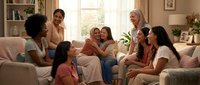 Diverse group of young women friends socializing and laughing together on cozy living room sofa during casual home gathering.
