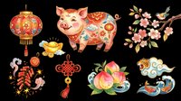 Colorful Chinese New Year clipart set with pig, lantern, peach, koi fish, cherry blossom, and lucky knot, isolated on transparent background for stickers, sublimation, t-shirt design.