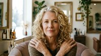 Confident mature Caucasian woman with curly blonde hair smiling warmly in cozy home interior. Natural lighting creates inviting atmosphere for lifestyle content.