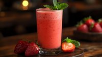 Fresh strawberry smoothie garnished with mint leaves and whole berries on wooden surface. Creamy pink drink with frothy texture in clear glass. Natural healthy beverage.