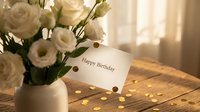 White roses in a vase beside a Happy Birthday card with gold confetti on a wooden table in warm sunlight.