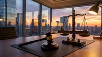 Modern law office interior with gavel and scales of justice on desk overlooking city skyline at sunset. Legal consultation workspace for attorney services.