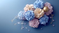 Delicate paper flowers in soft pink and blue tones with golden accents and pearl details arranged on blue background, creating romantic composition for wedding decor.