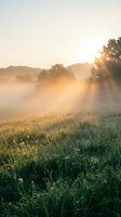 Misty meadow at sunrise with golden sunlight streaming through trees and fog over green grass field, ideal for nature and landscape backgrounds.