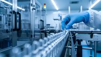 Scientist in blue gloves working with test tubes on automated laboratory conveyor system in modern pharmaceutical manufacturing facility.