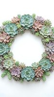 Handmade succulent wreath with colorful echeveria and sedum plants in pastel tones on white background for home decor and crafting projects.