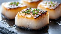 Pan-seared sea scallops with caramelized golden crust garnished with fresh herbs and black pepper served on dark slate plate, macro food photography.
