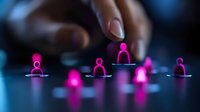 Pink glowing figures arranged in hierarchical formation showing leadership concept and team management structure on dark blue background with selective focus.