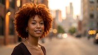 Young African American woman with curly afro hair smiling confidently on urban city street during golden hour sunset with bokeh lights in background.