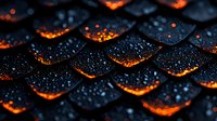 Dark textured scales with glowing orange edges and water droplets create dramatic pattern. Mysterious dragon-like surface with wet reflective details in black and fiery colors.