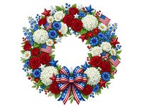 Patriotic floral wreath with red roses, white hydrangeas, blue flowers, and stars isolated on white background for holiday designs.