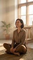 Peaceful young woman meditating in sunlit room with eyes closed, sitting cross-legged on floor in comfortable brown outfit for mindfulness and wellness.