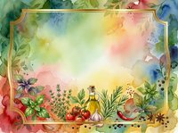 Watercolor garden frame with fresh herbs, vegetables, and colorful flowers in soft pastel tones, isolated on transparent background for design projects.