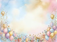 Watercolor celebration background with colorful balloons, gift boxes, and floral elements forming a festive border frame on white space, suitable for invitations, greeting cards, and party designs.