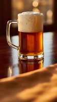 Fresh draft beer with creamy foam head in glass mug on wooden bar counter with warm ambient lighting for restaurant and pub hospitality concepts.