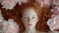 Young redhead woman with freckles surrounded by delicate pink peonies, lying down with flowing ginger hair spread out against dark background. Natural beauty portrait.