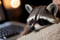 Curious raccoon peeking over edge of sofa in home setting with soft evening lighting and laptop keyboard visible in background, creating cozy indoor atmosphere.